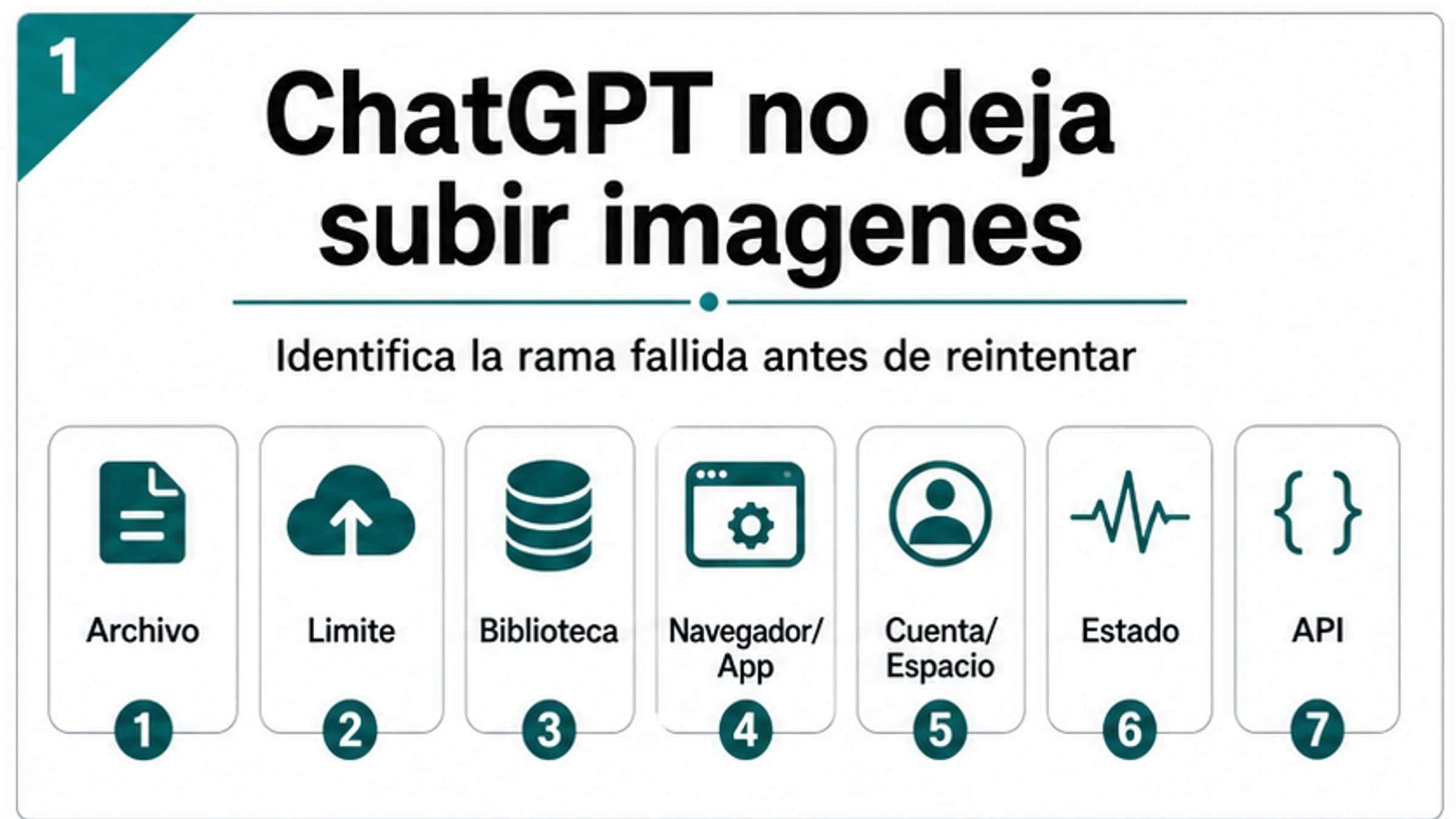 Tablero de diagnóstico para fallos al subir imágenes a ChatGPT con ramas de archivo, límite, almacenamiento, navegador, cuenta, estado y API