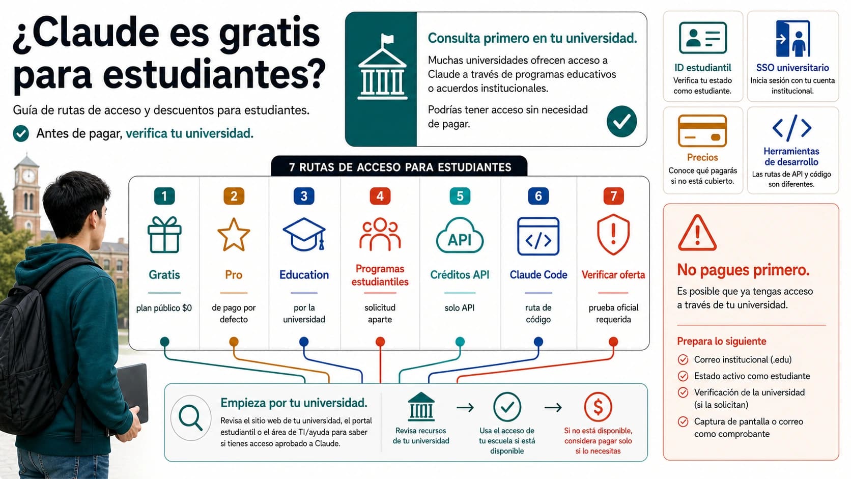 Tablero de acceso estudiantil a Claude con Free, Pro, Education, programas, créditos API, Claude Code y verificación de ofertas gratis
