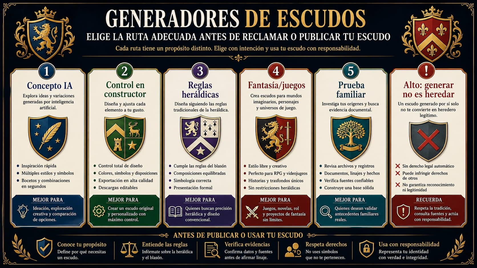 Mapa para elegir generador de escudos de armas entre IA, constructor, blasón, fantasía y prueba familiar