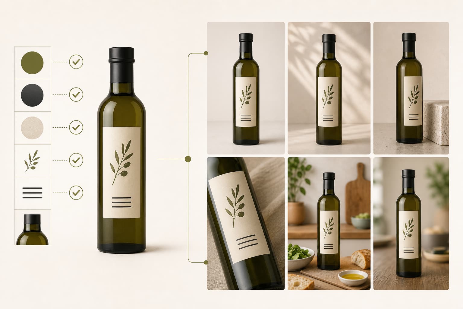 Una botella real comparada con seis fotos de producto creadas con IA y una lista de control de fidelidad