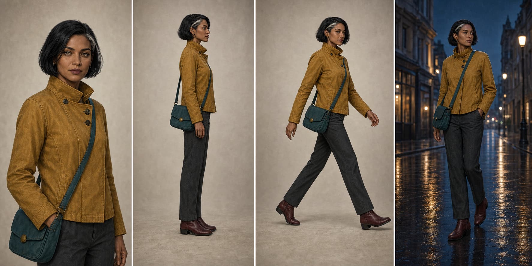 Un mismo personaje ficticio comprobado en retrato, perfil o cuerpo entero, acción y cambio de escena antes de producir una serie.