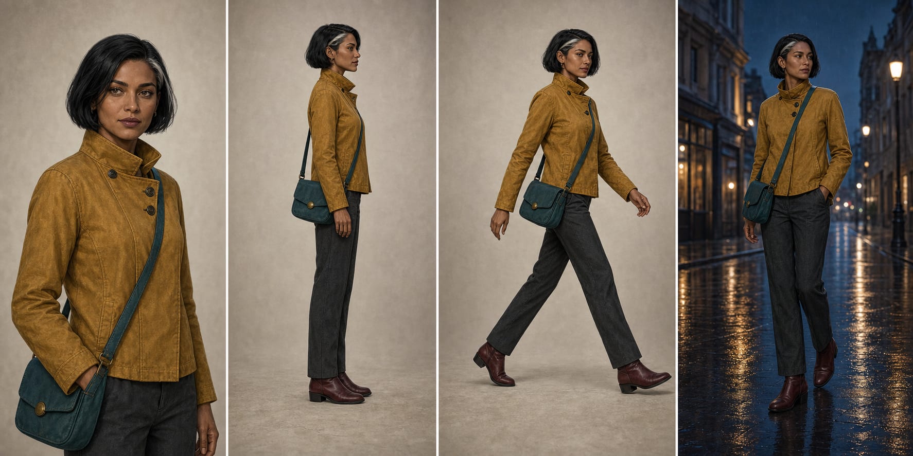 Un mismo personaje ficticio comprobado en retrato, perfil o cuerpo entero, acción y cambio de escena antes de producir una serie.