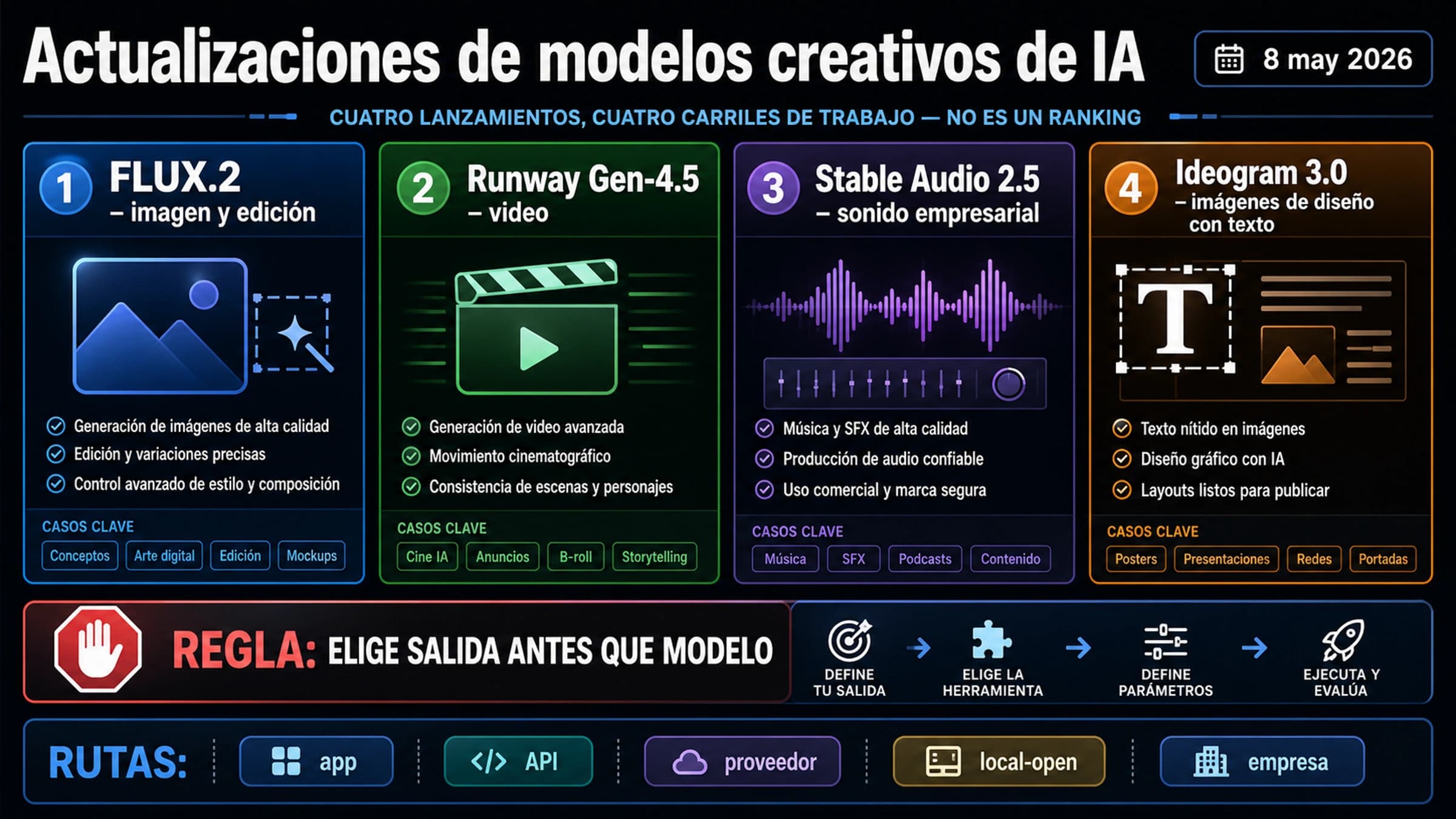 Qué modelo de IA creativa usar: FLUX.2, Runway Gen-4.5, Stable Audio 2.5 o Ideogram 3.0