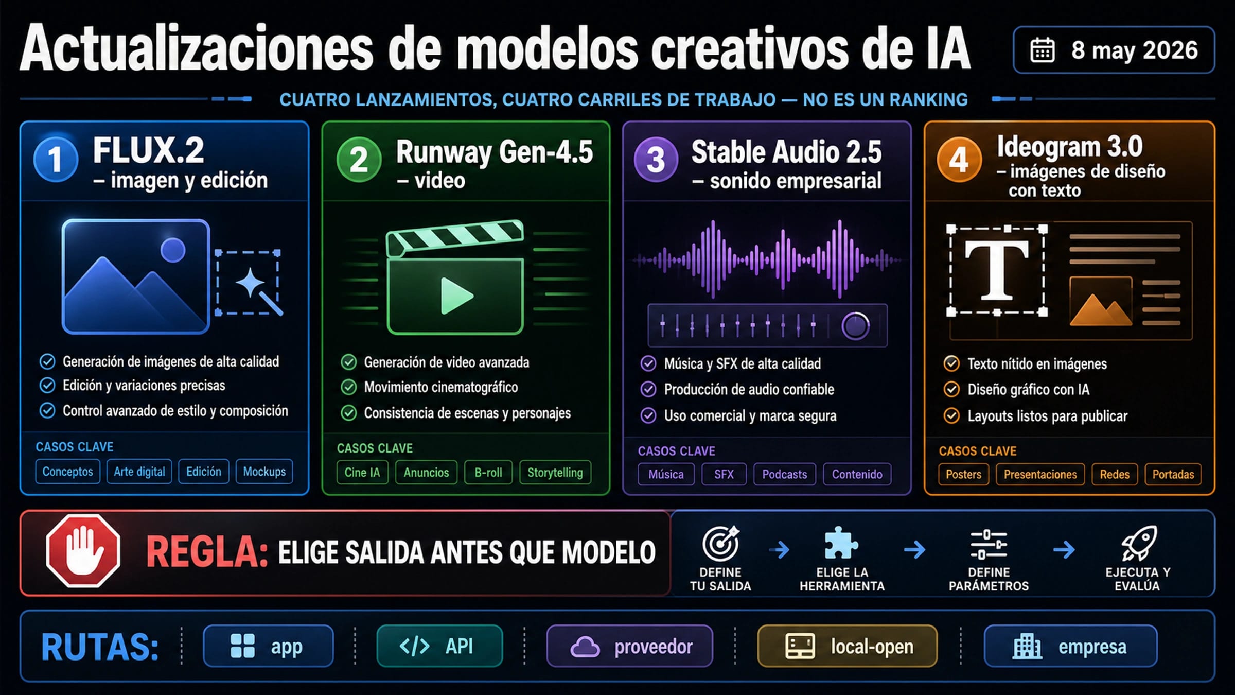 Qué modelo de IA creativa usar: FLUX.2, Runway Gen-4.5, Stable Audio 2.5 o Ideogram 3.0