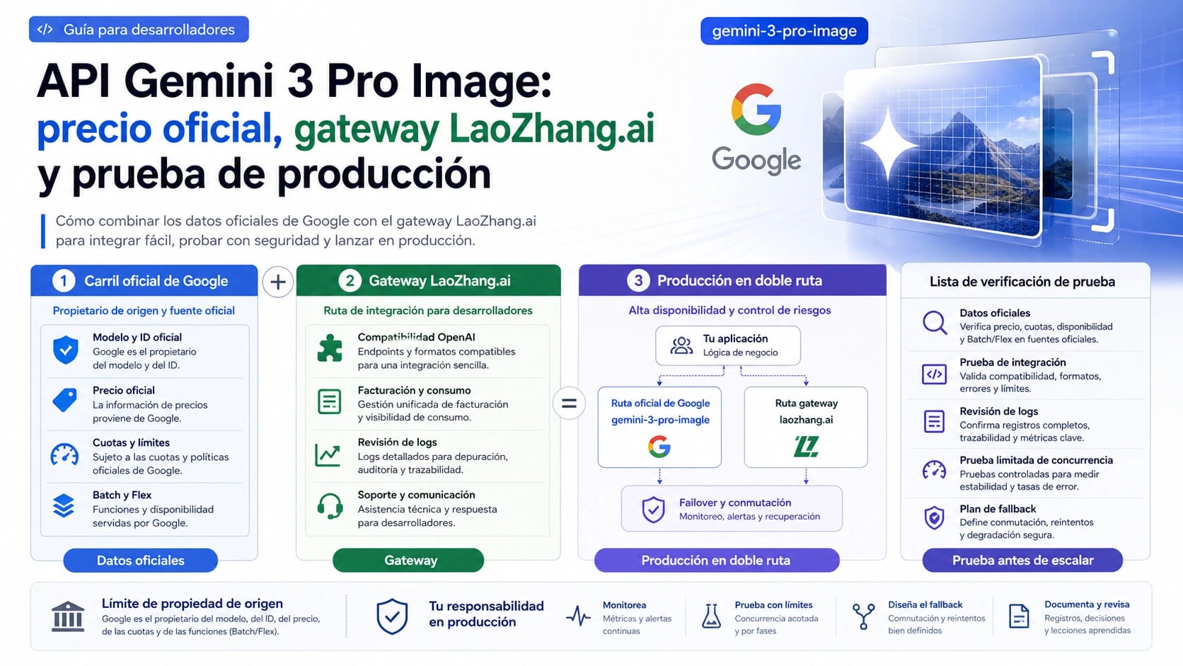 Mapa de rutas para Gemini 3 Pro Image API con hechos oficiales de Google, gateway validation y validación dual