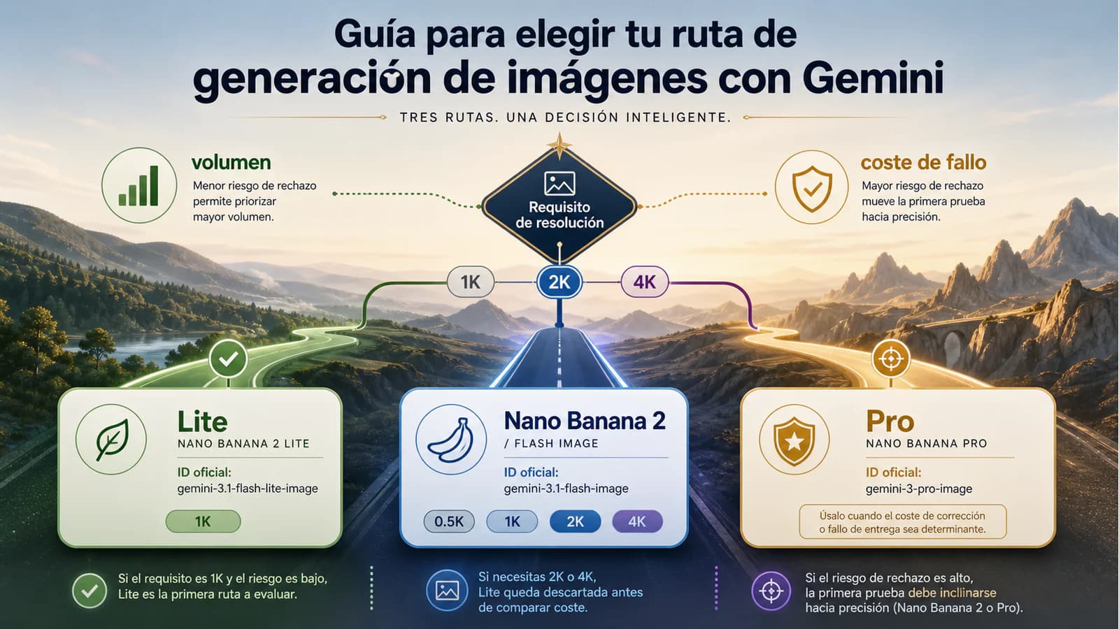 Tres rutas de imagen Nano Banana 2 Lite, Nano Banana 2 y Nano Banana Pro vinculadas a tamaño de salida, volumen y riesgo de entrega