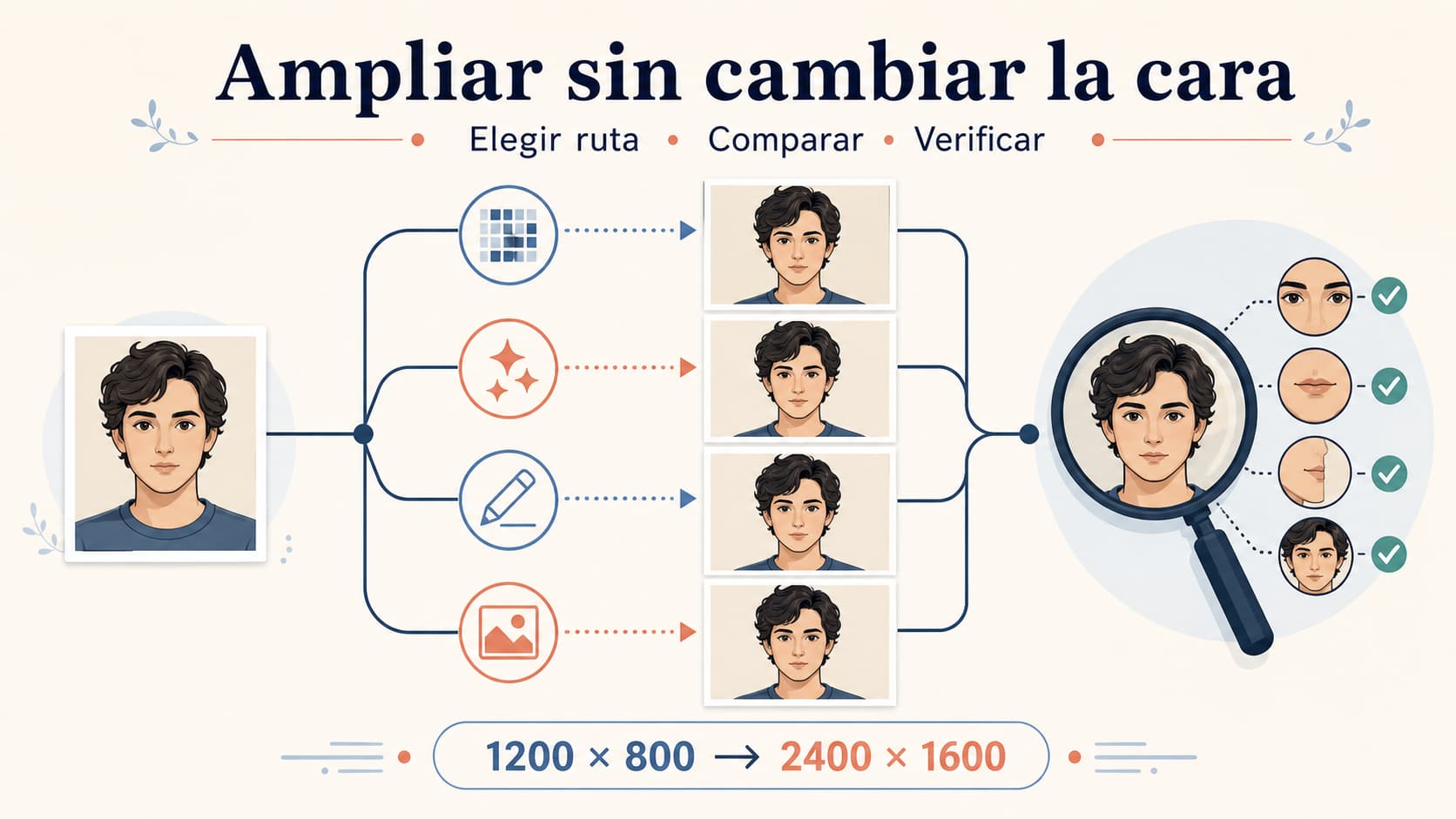 Cuatro rutas para ampliar una foto y una lupa que compara los rasgos faciales antes y después