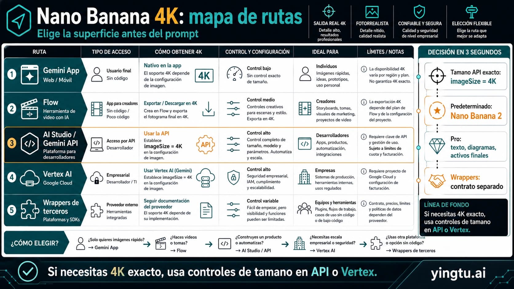 Mapa de rutas para Nano Banana: generación 4K nativa, redibujado de imagen existente y upscaler externo.
