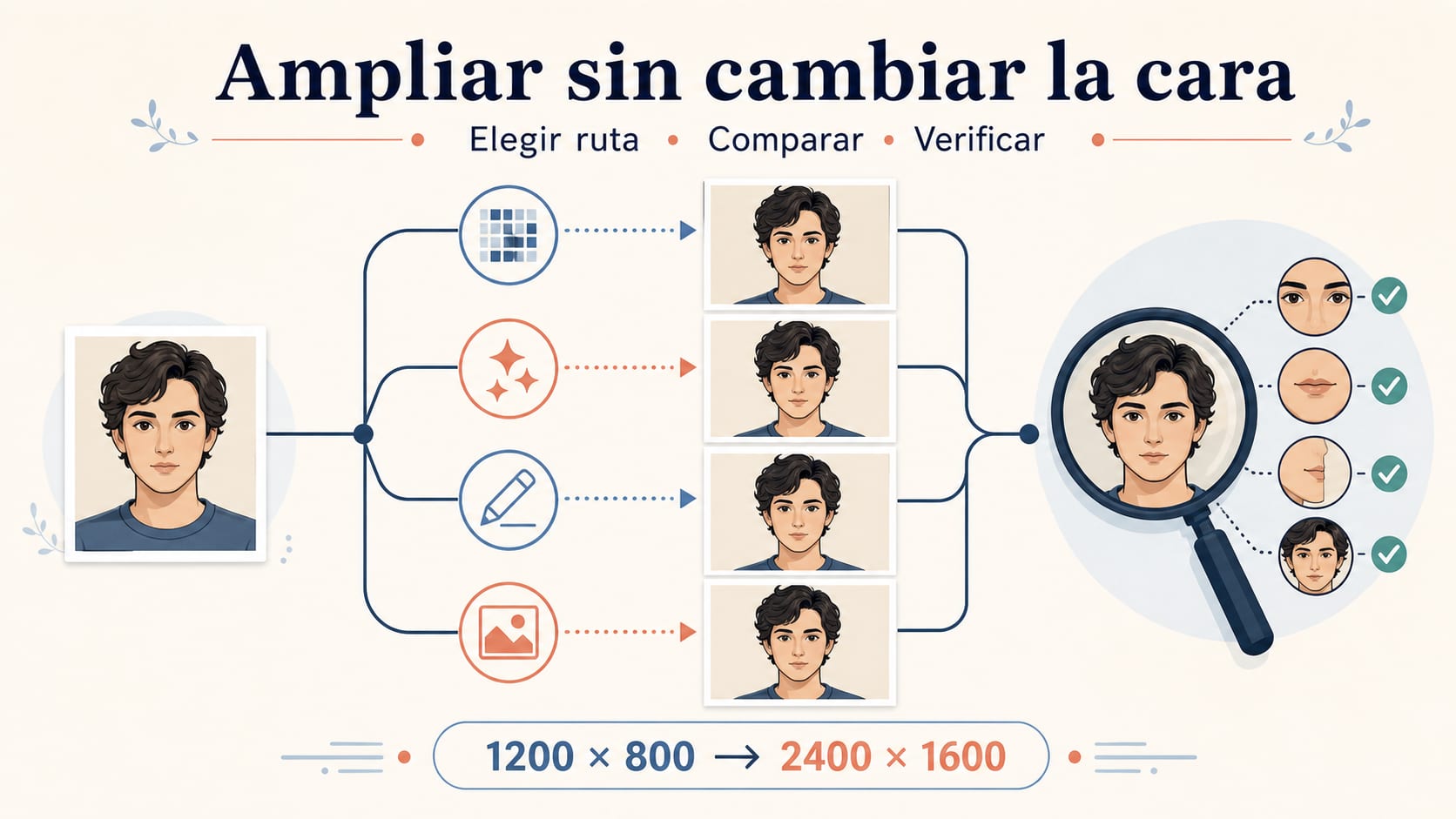 Cuatro rutas para ampliar una foto y una lupa que compara los rasgos faciales antes y después