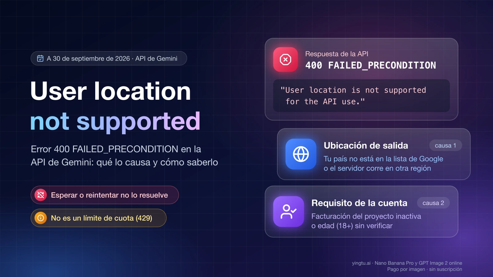 Error 400 FAILED_PRECONDITION de la API de Gemini con el mensaje User location is not supported for the API use y sus dos causas, ubicación de salida o requisito de la cuenta