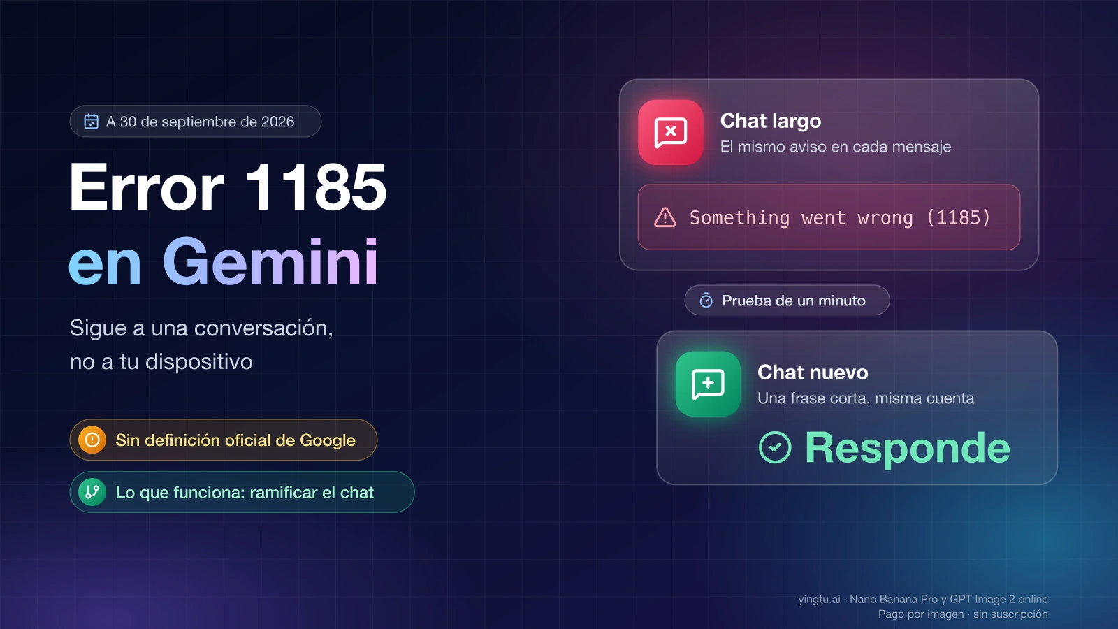 Error 1185 en Gemini: un chat largo atascado con el aviso «Something went wrong (1185)» y un chat nuevo de la misma cuenta que sí responde