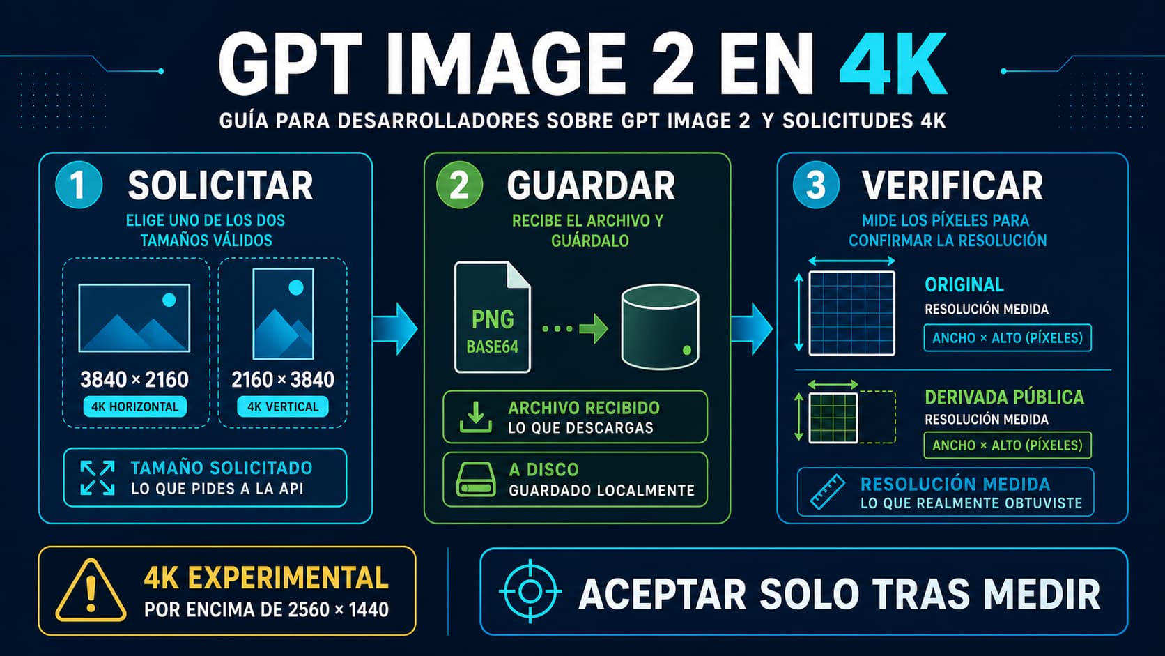 Flujo de GPT Image 2 en 4K desde un tamaño válido hasta la verificación del archivo entregado