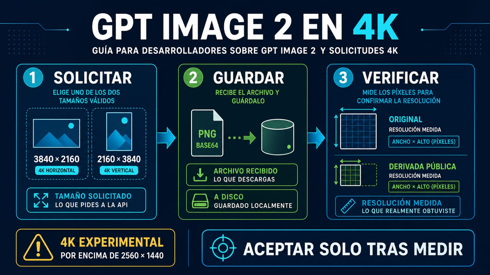 Flujo de GPT Image 2 en 4K desde un tamaño válido hasta la verificación del archivo entregado