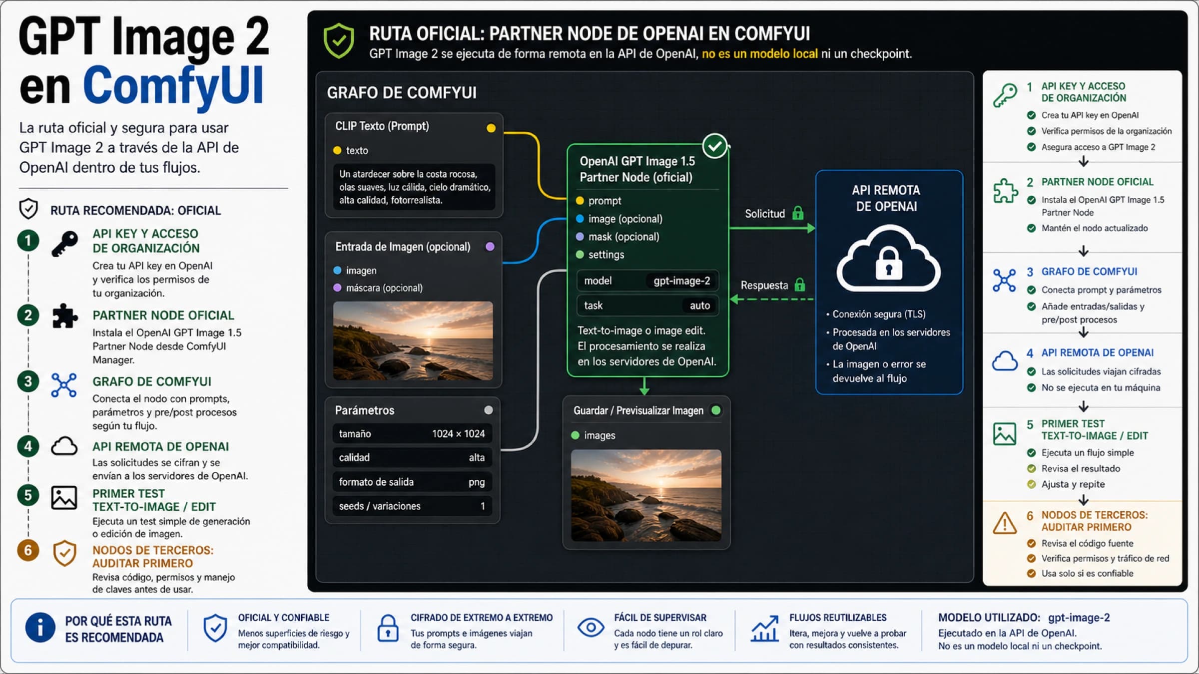Ruta oficial de GPT Image 2 en ComfyUI con Partner Node, API directa y auditoria de nodos