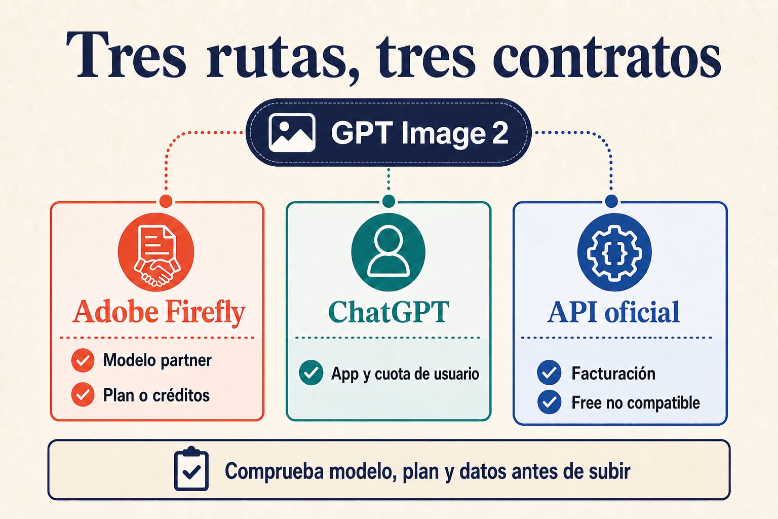 Tres rutas separadas para usar GPT Image 2: Adobe Firefly con créditos, ChatGPT con límites de la app y la API oficial de pago