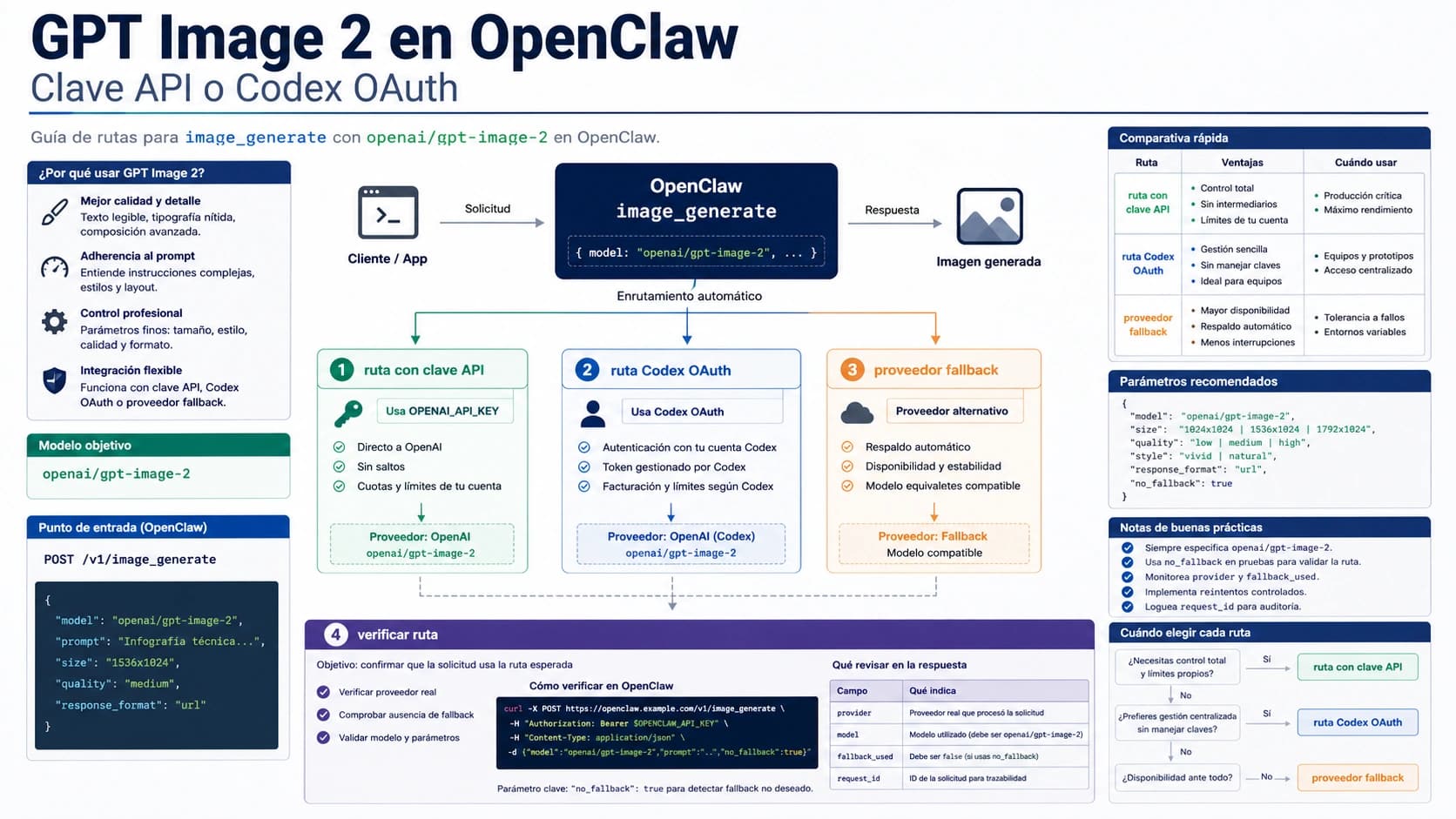 Mapa de rutas para GPT Image 2 en OpenClaw con API key, Codex OAuth, fallback y verificación.