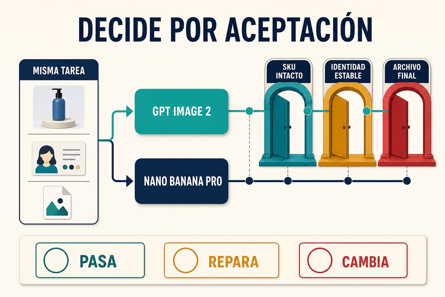 Dos rutas de imagen evaluadas con puertas de aceptación para producto, personaje recurrente y entrega final