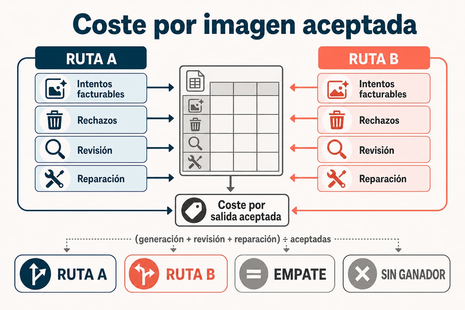 Dos rutas de generación de imágenes comparadas mediante coste total, salidas aceptadas y punto de equilibrio