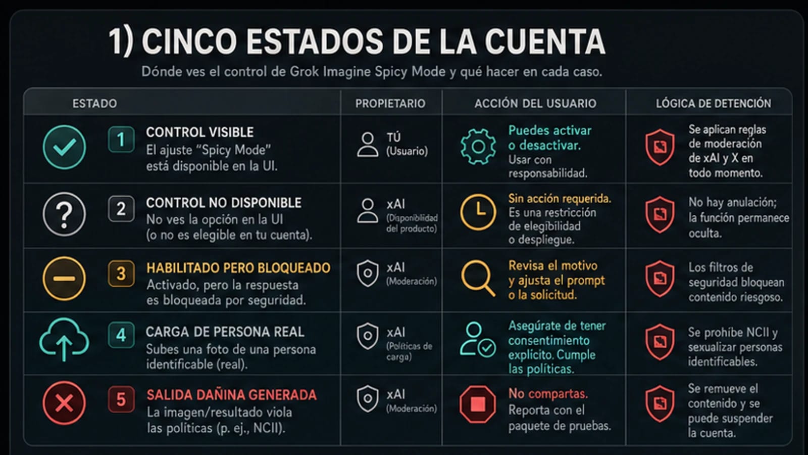 Diagnóstico de cinco estados de Grok Imagine: control visible, ausente, bloqueado, carga de persona y resultado dañino
