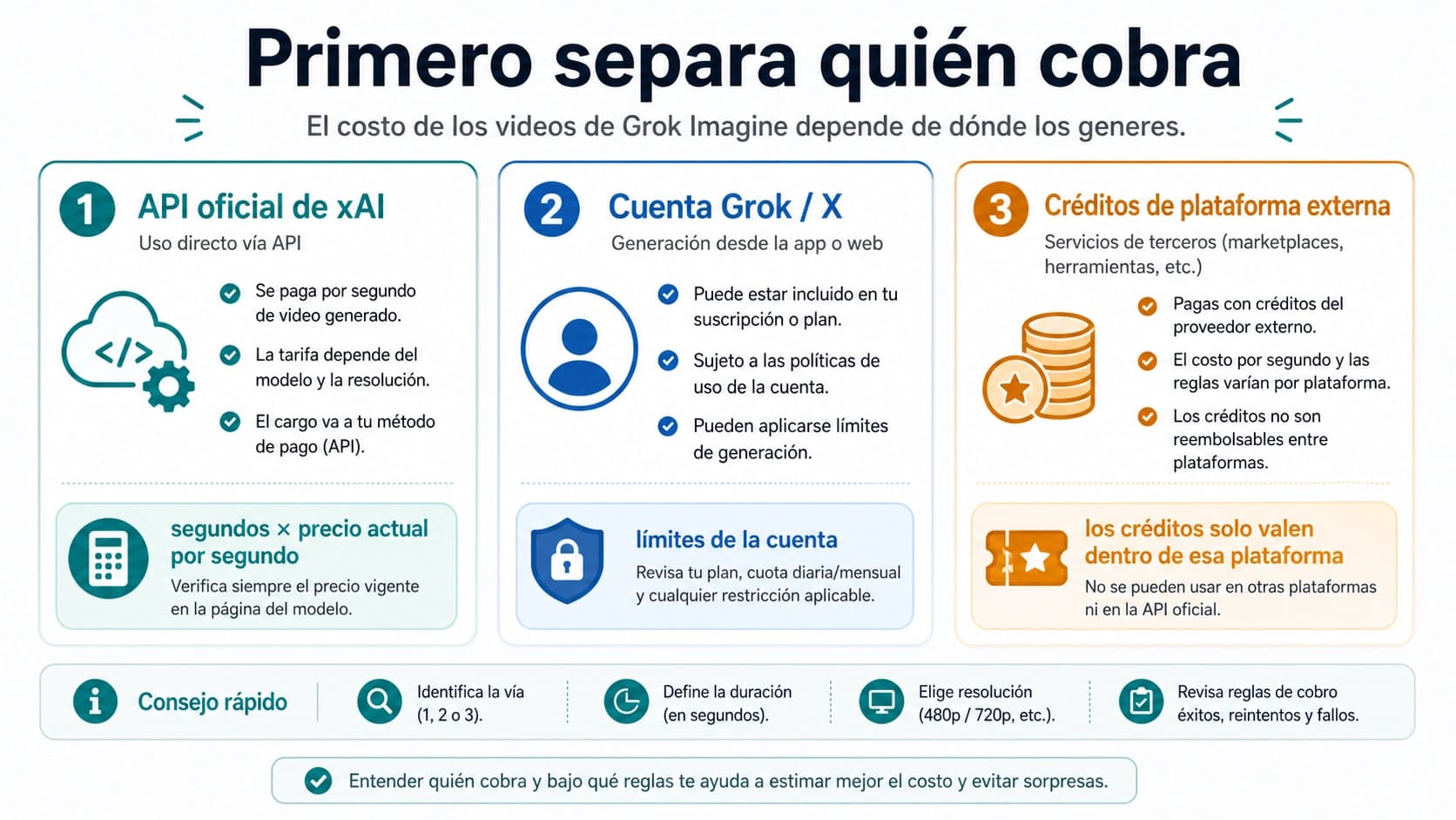 Costo de un video Grok Imagine en créditos: API oficial y créditos de plataformas