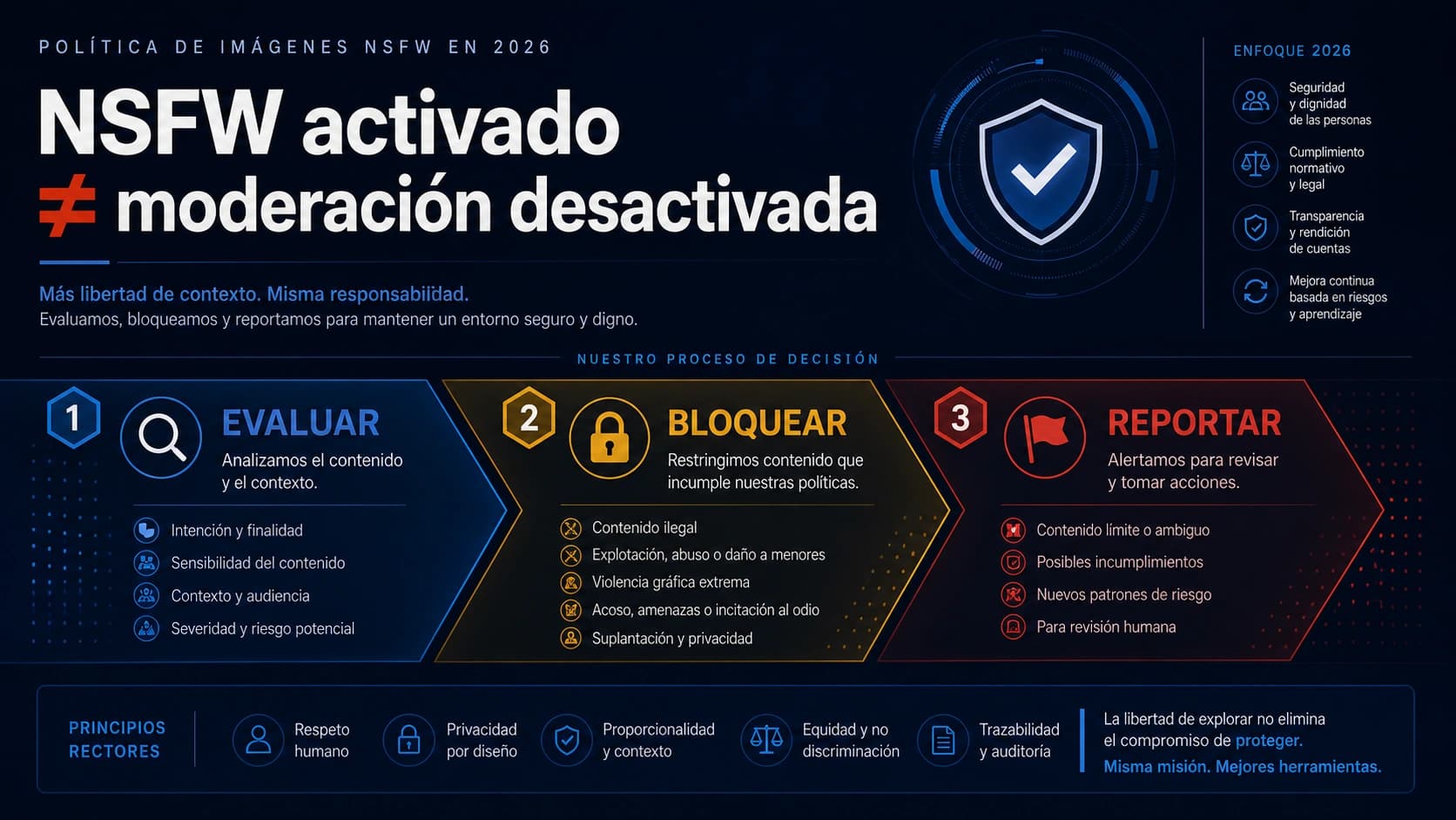 Mapa de decisión para evaluar, detener o denunciar una solicitud de imagen en Grok