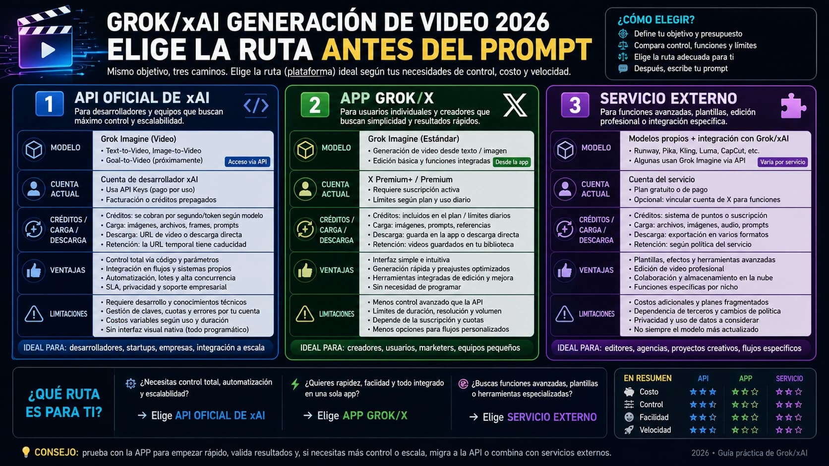 Cómo generar video con Grok/xAI en 2026: app, API y servicios externos