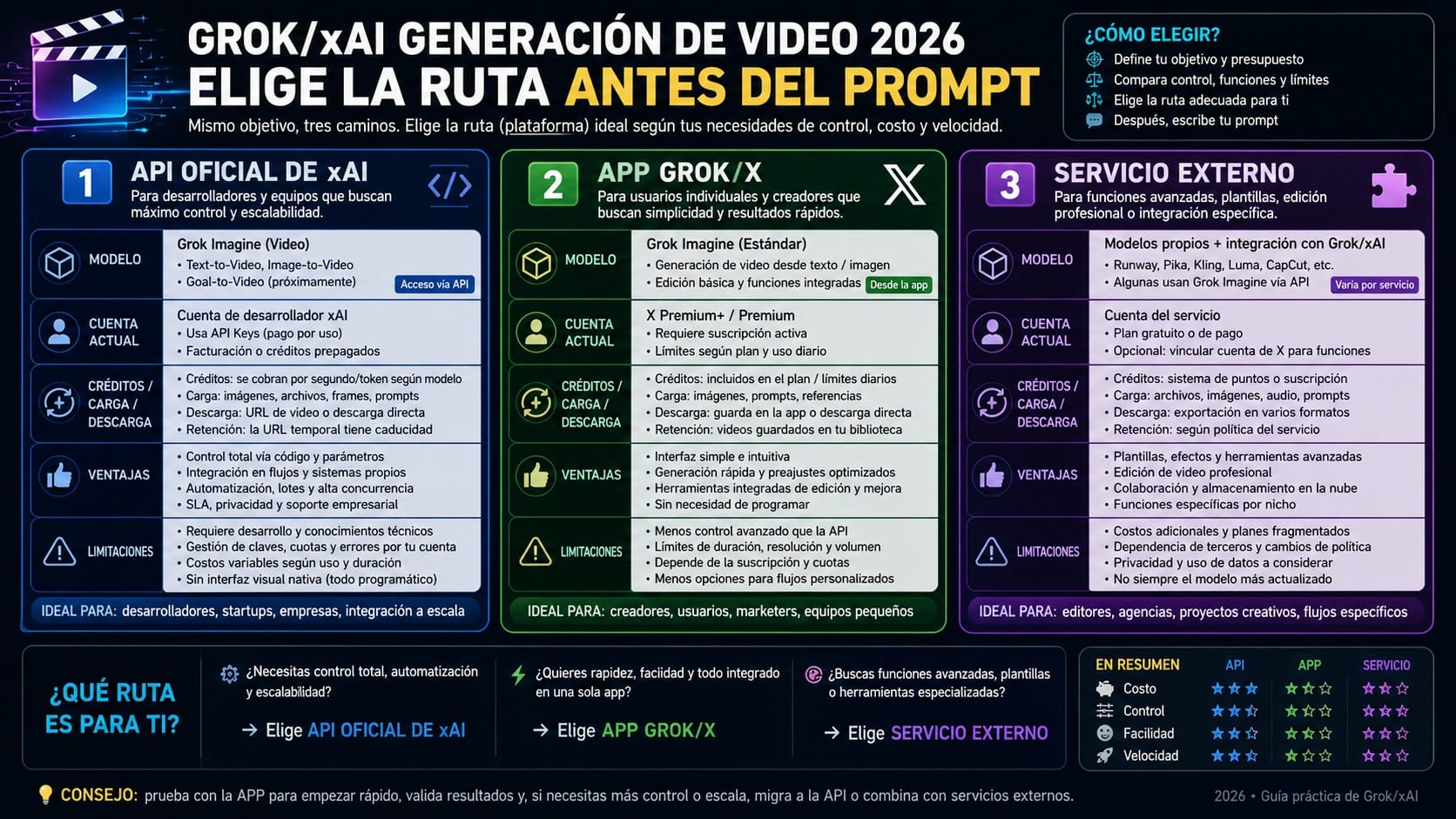 Mapa de rutas para generar video con Grok xAI mediante app API y servicios externos