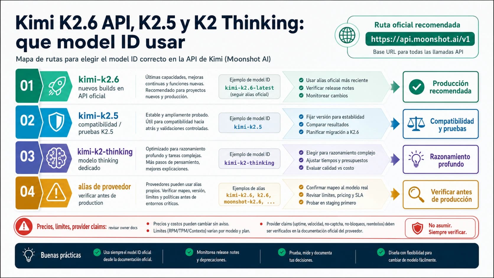 Mapa de rutas para Kimi K2.6 API que separa K2.6, K2.5, K2 Thinking y aliases de providers