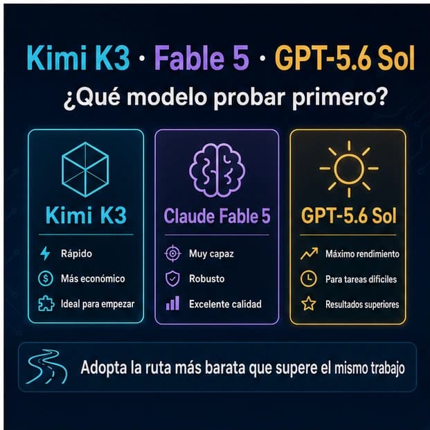 Tres rutas para elegir Kimi K3, GPT-5.6 Sol o Claude Fable 5 con la misma prueba de trabajo