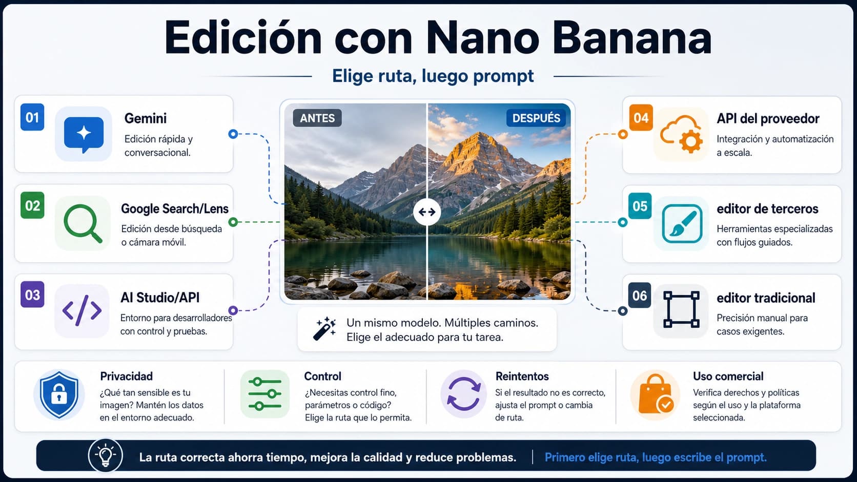 Mapa de rutas, prompts y reglas de parada para editar imágenes con Nano Banana