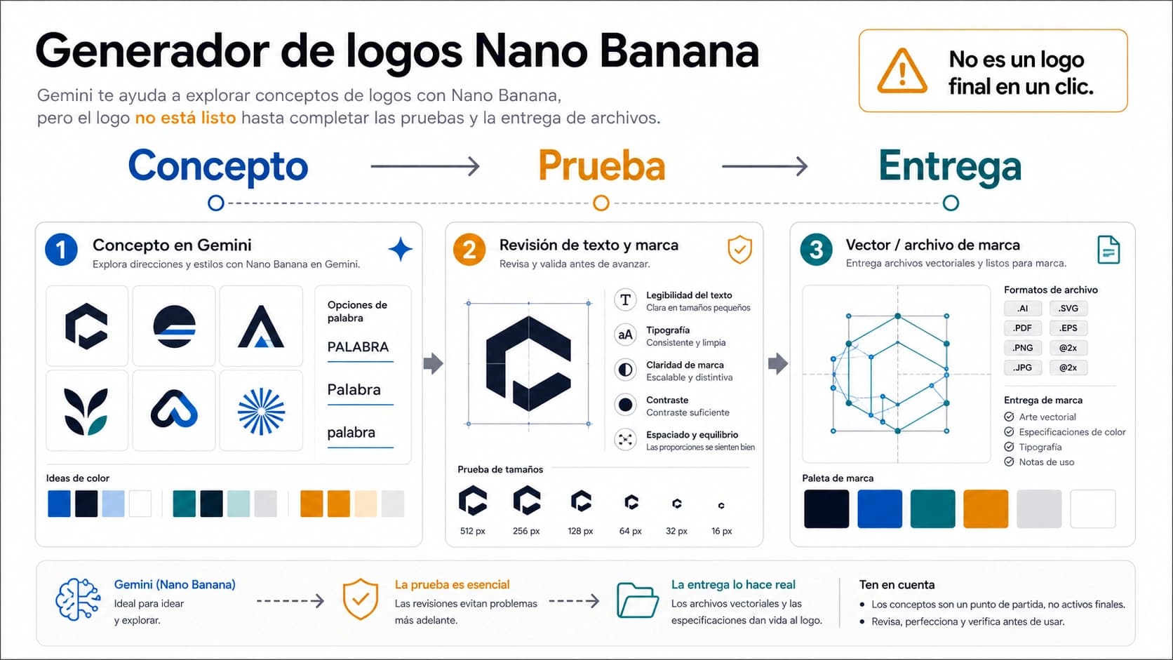 Flujo de logo con Nano Banana mostrando concepto, comprobacion y entrega vectorial