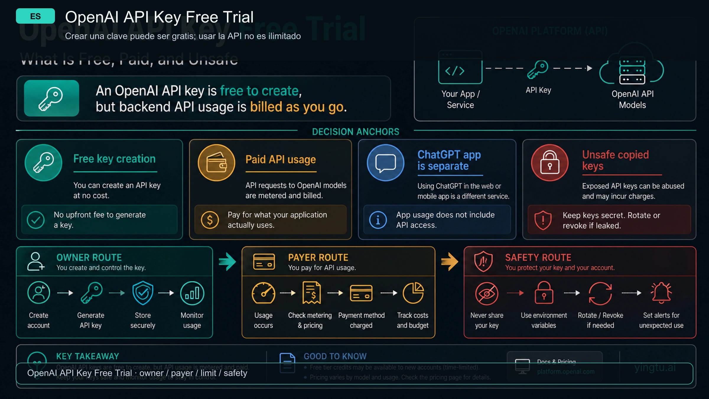 Mapa de OpenAI API key gratis con facturación oficial, trial credits, provider routes, user-pays routes y copied keys peligrosas