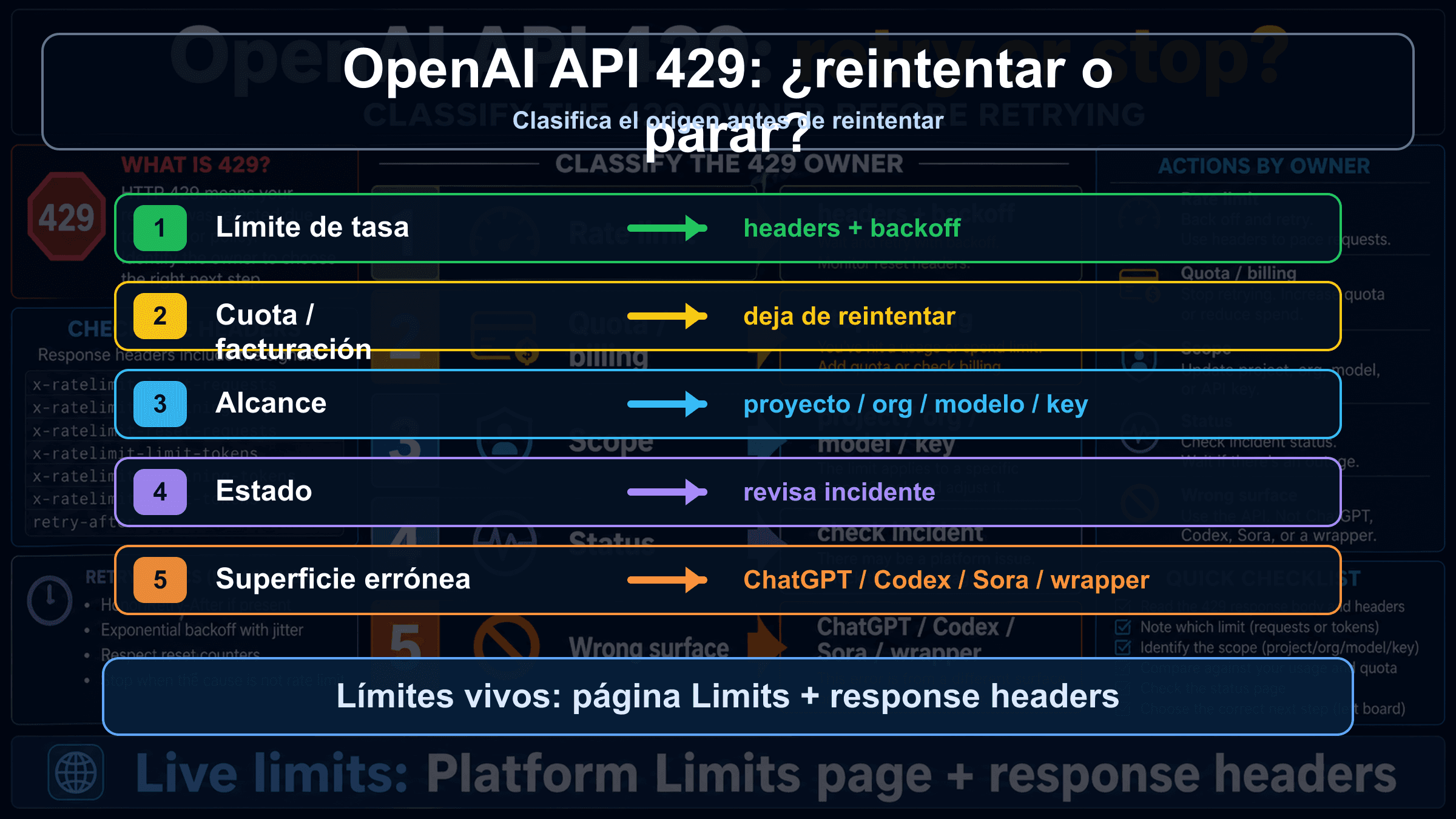 Error 429 de la API de OpenAI: cuándo reintentar, revisar cuota o escalar