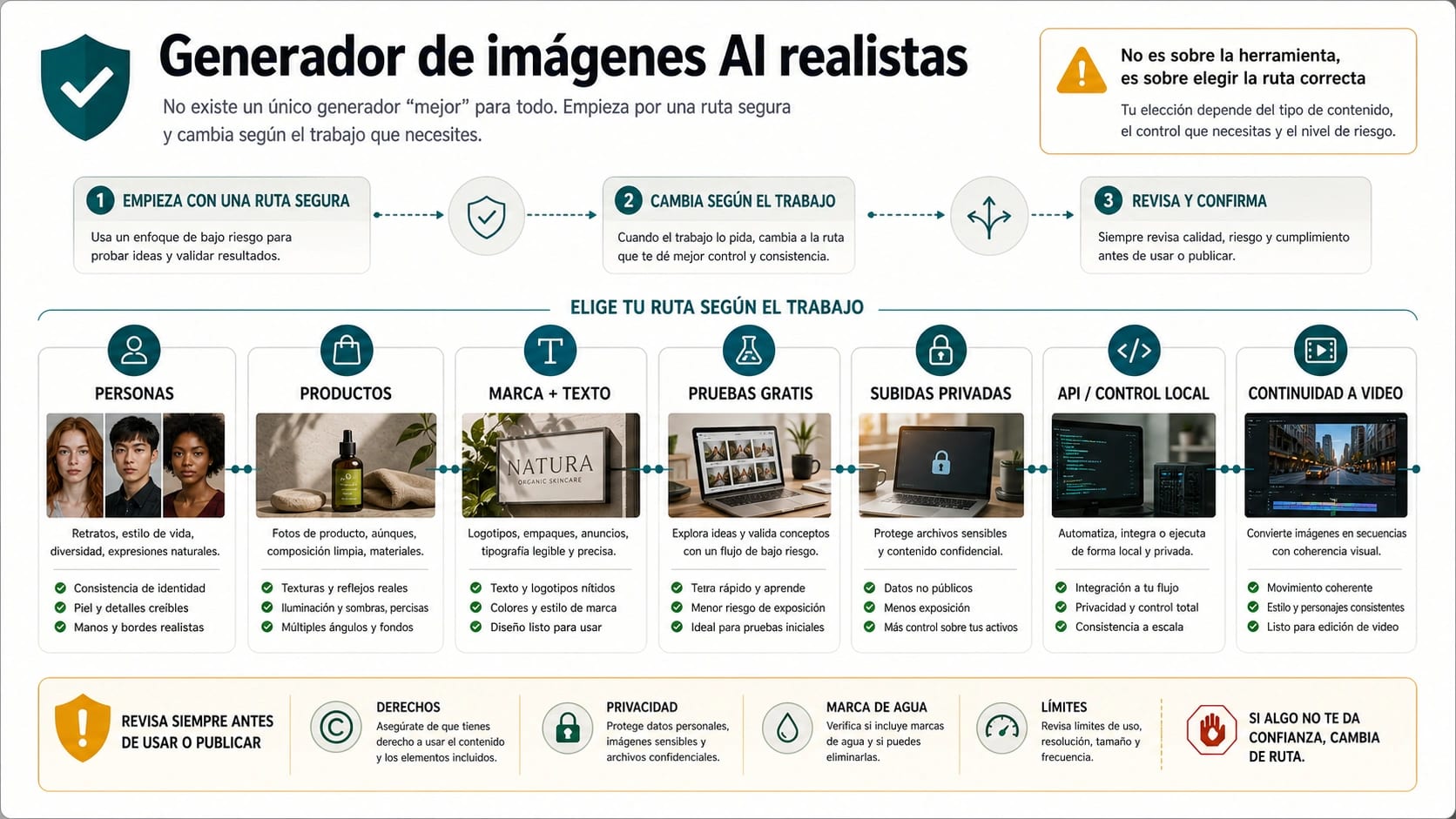 Tablero para elegir un generador de imágenes AI realistas por ruta segura, cambio de trabajo, subida privada, API y continuidad a video