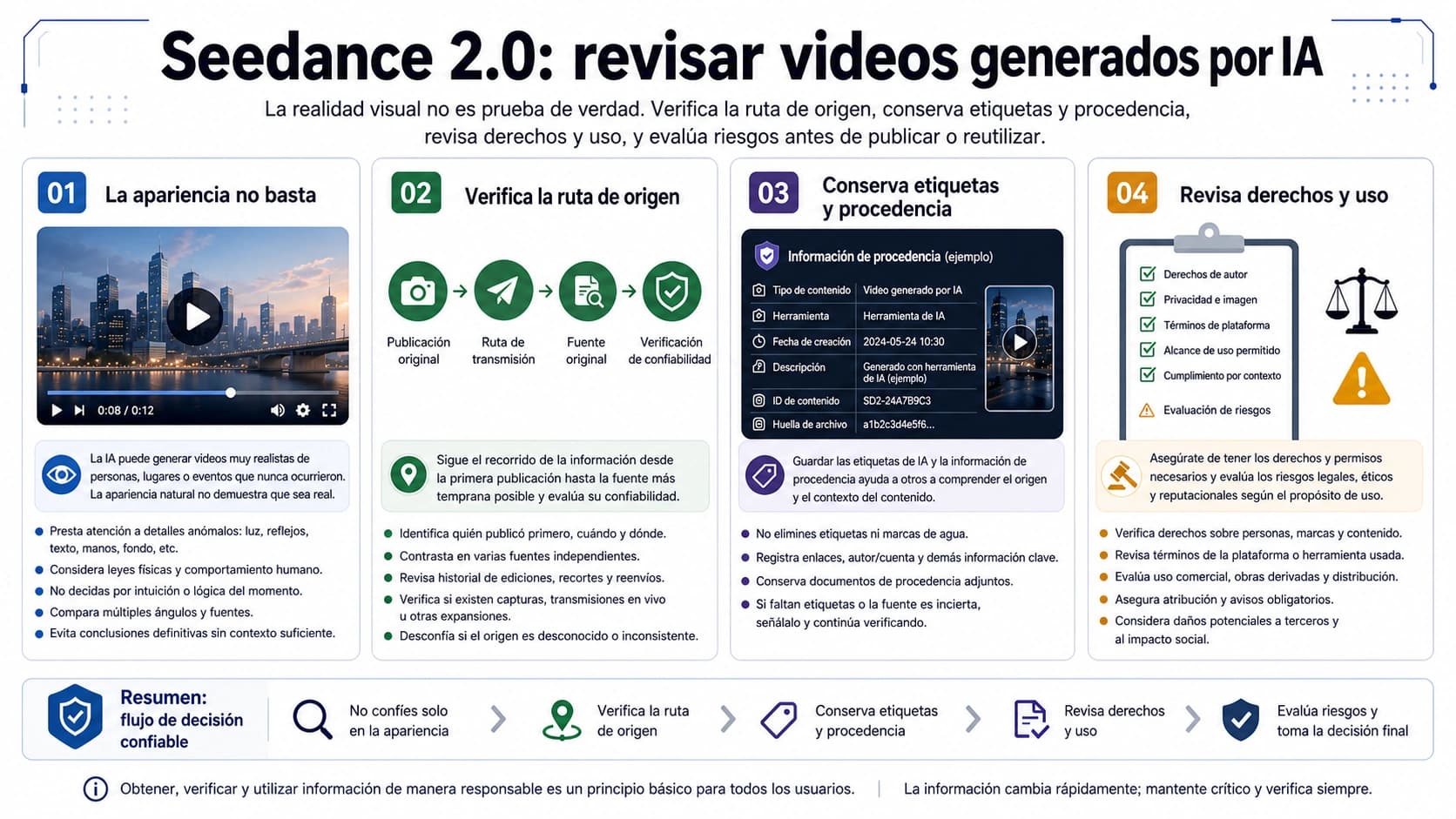 Videos generados por IA con Seedance 2.0: cómo revisar etiquetas, procedencia y uso seguro