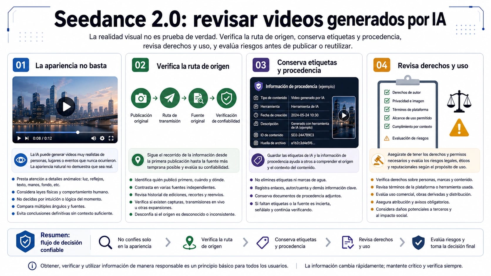 Videos generados por IA con Seedance 2.0: cómo revisar etiquetas, procedencia y uso seguro