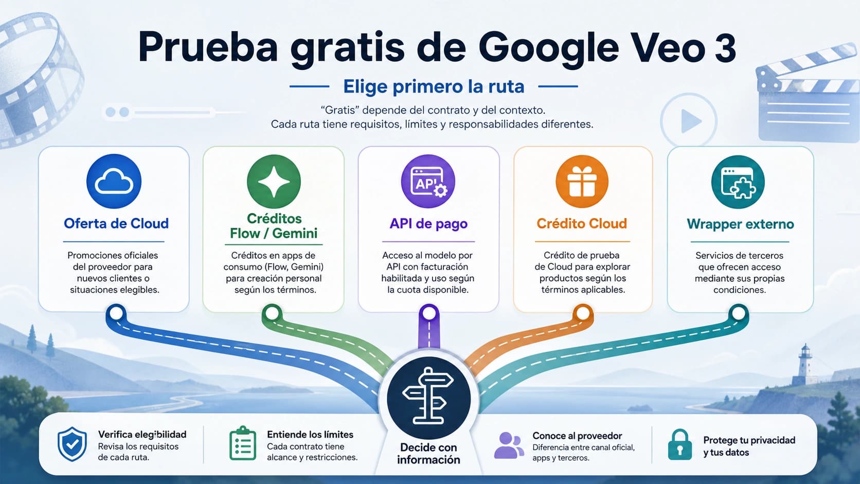 Mapa de rutas de Google Veo gratis con oferta oficial de Cloud, créditos de Flow y Gemini, API de pago, crédito de Cloud y herramientas de terceros