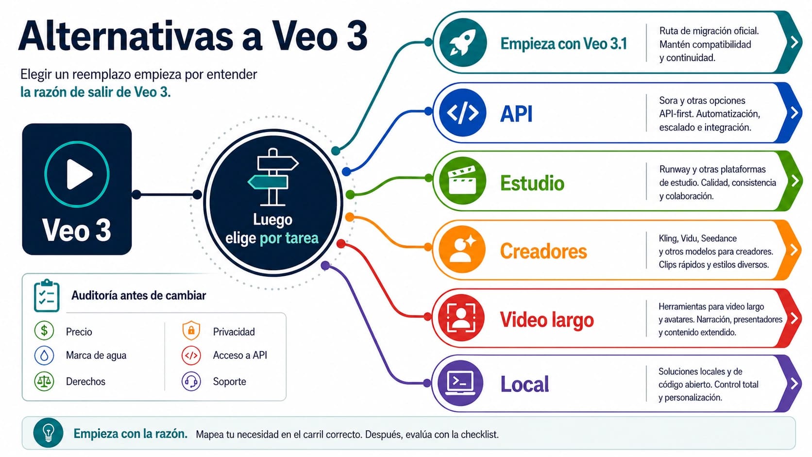 Mapa de alternativas a Veo 3 con migración Google, OpenAI API, herramientas de estudio, modelos de creador, long-form tools y rutas locales