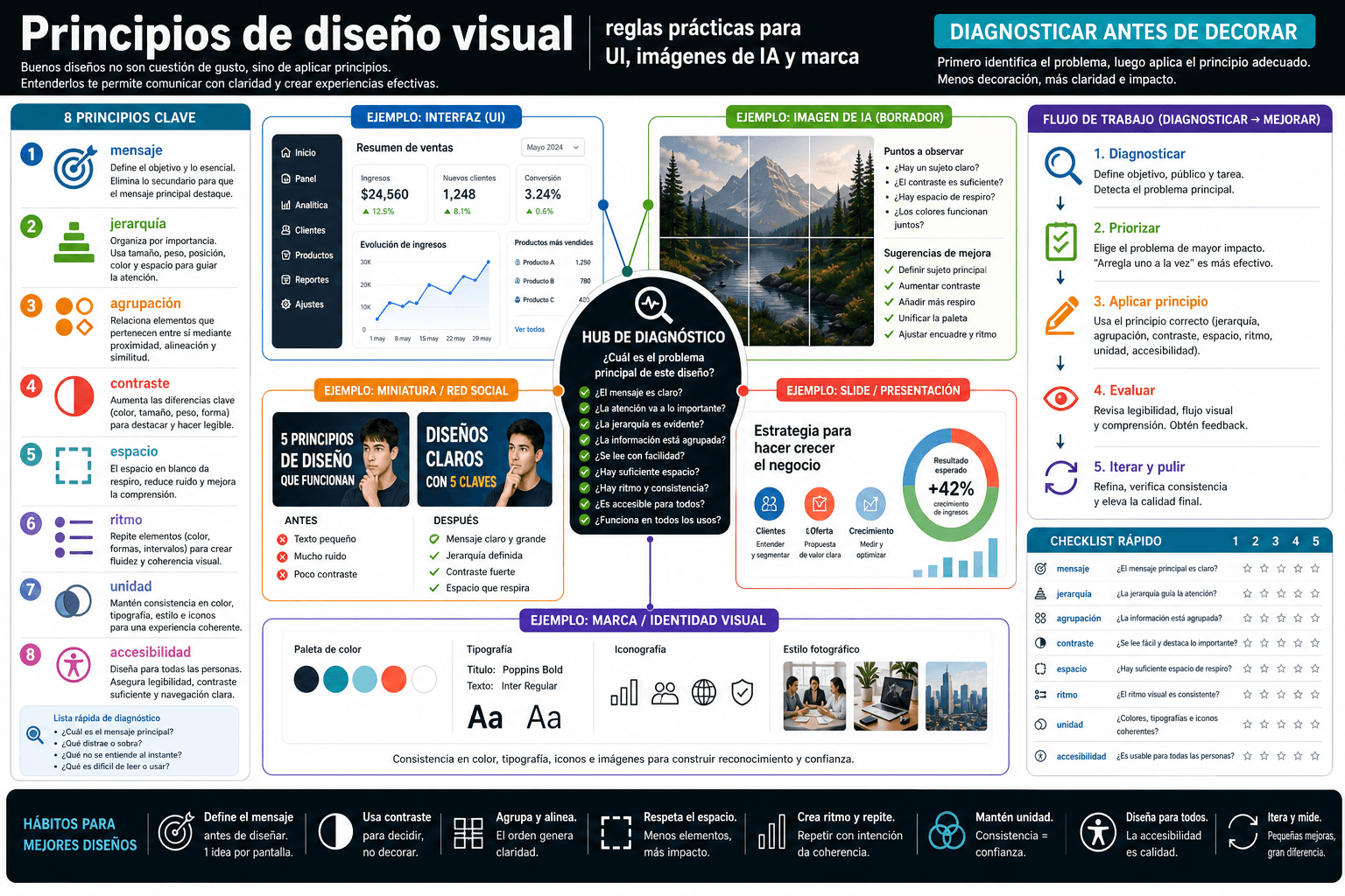 Principios de diseño visual: reglas prácticas para UI, imágenes de IA y marca