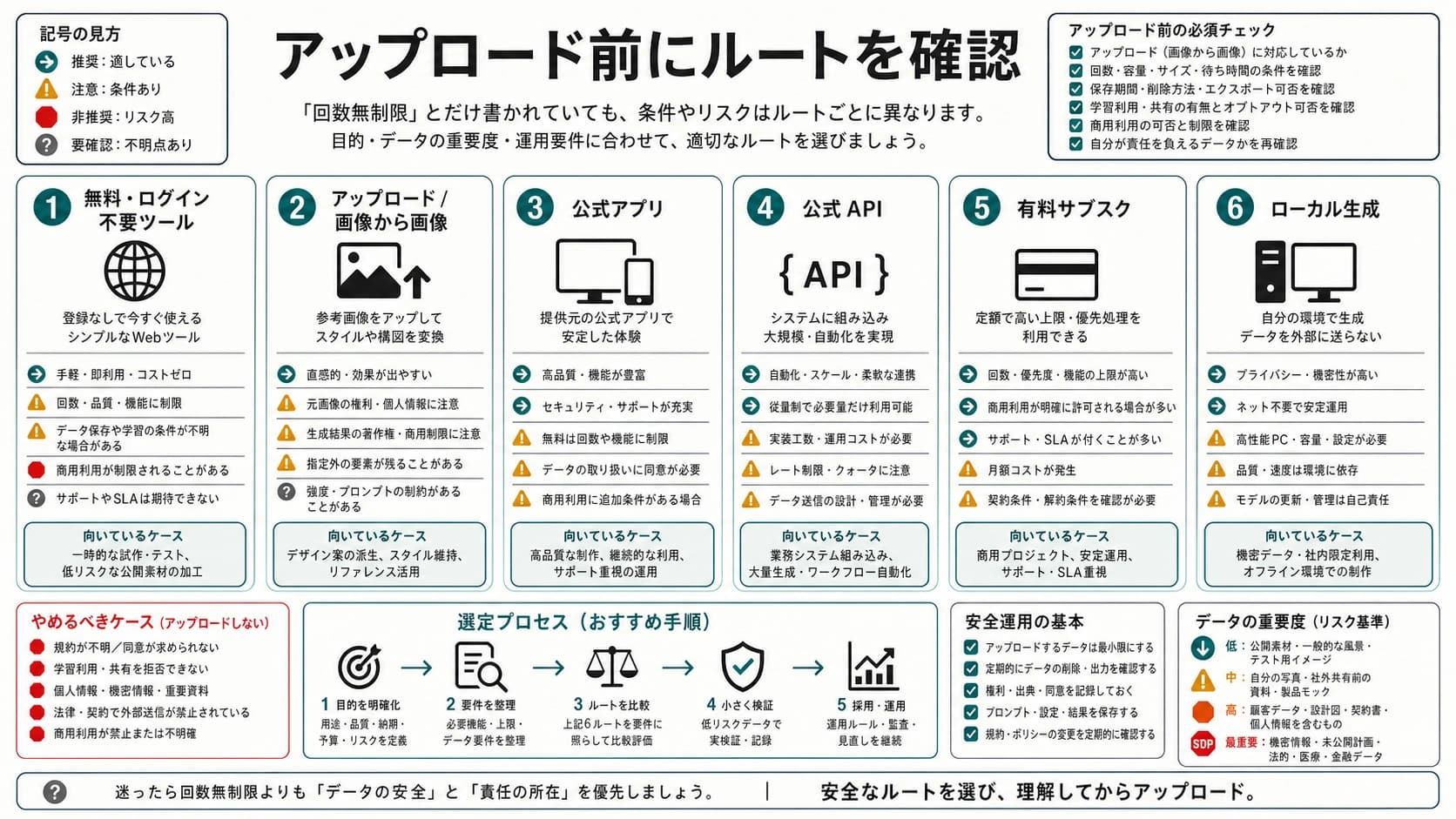 アップロード対応で無制限をうたうAI画像生成ルートの六分類ボード