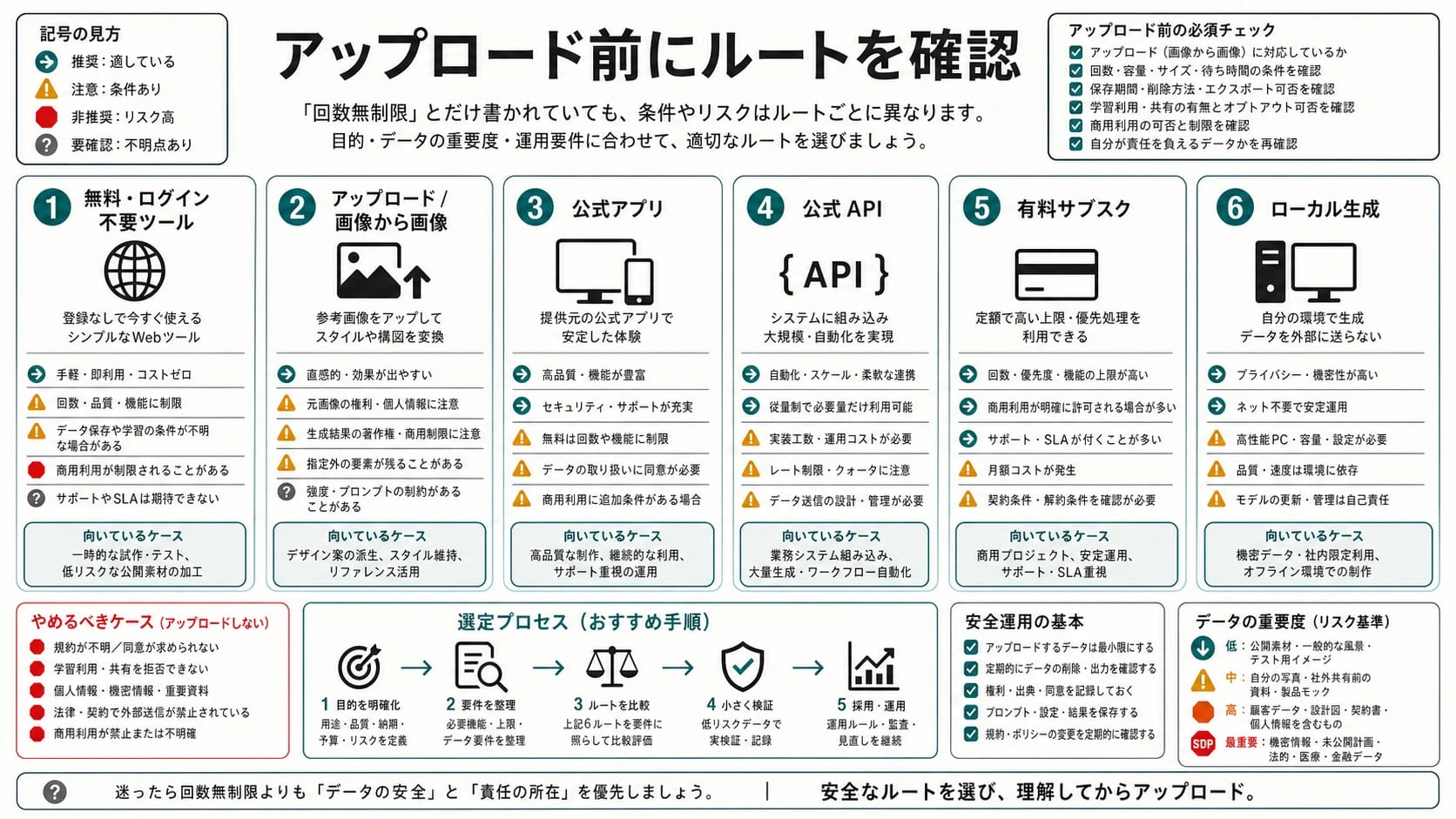 アップロード対応で無制限をうたうAI画像生成ルートの六分類ボード