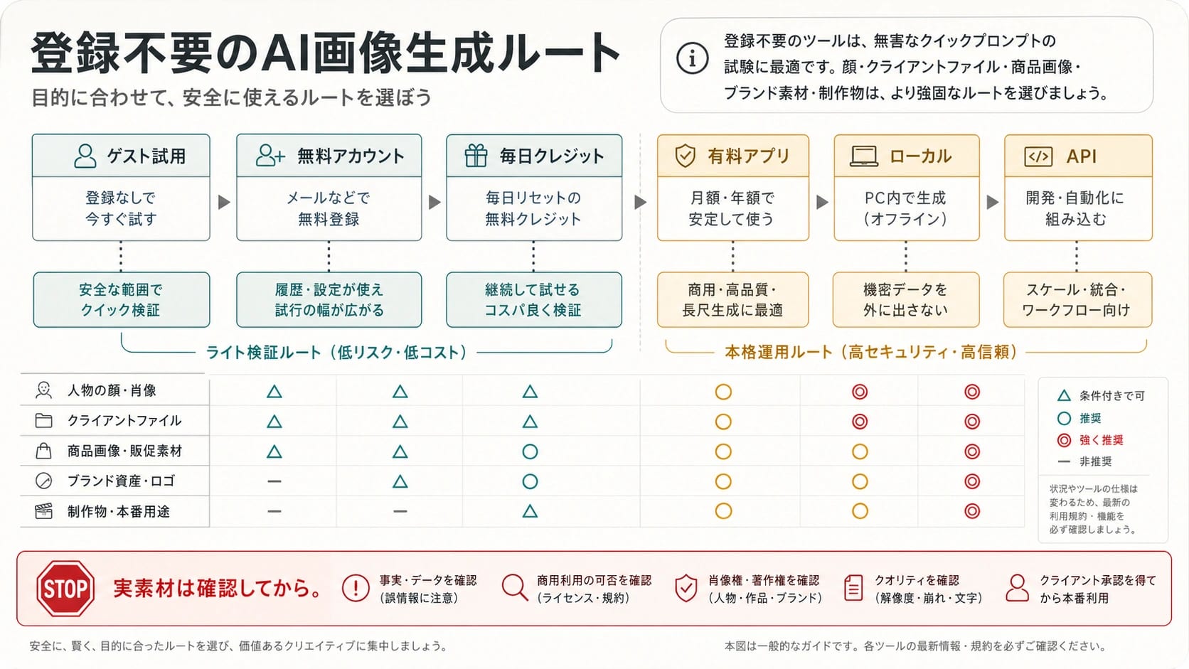無料で登録不要のAI画像生成を低リスクなテストだけに使い、必要に応じてアカウント、日次クレジット、有料、ローカル、APIへ切り替える判断表
