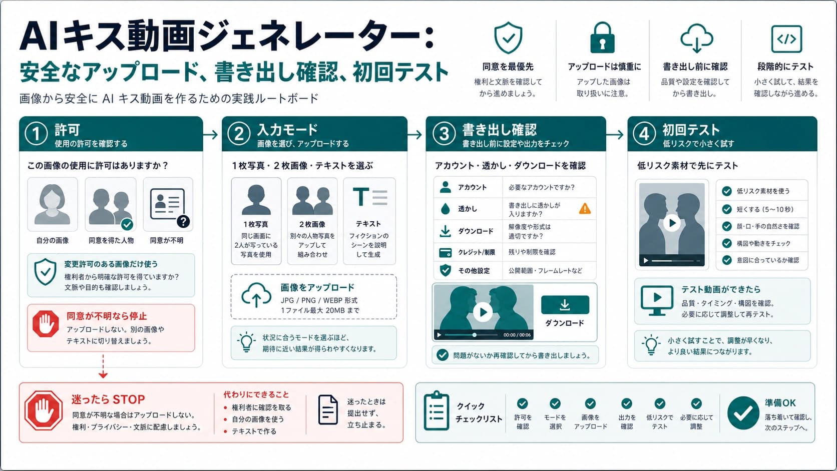 AIキス動画生成:写真の許可、無料書き出し、最初のテストを先に確認