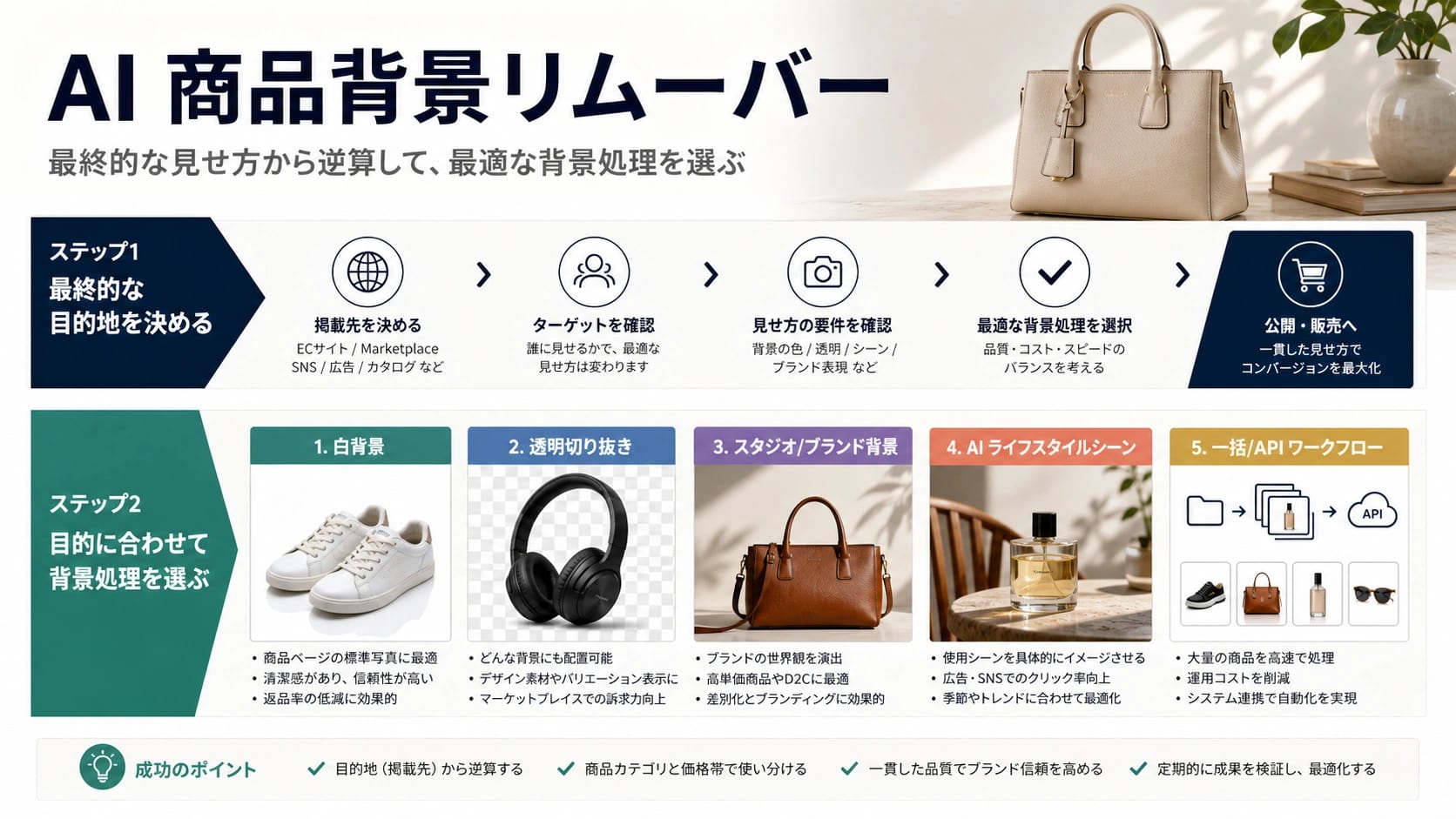 商品画像のAI背景削除:白背景、透過PNG、スタジオ背景、利用シーンを選び分ける