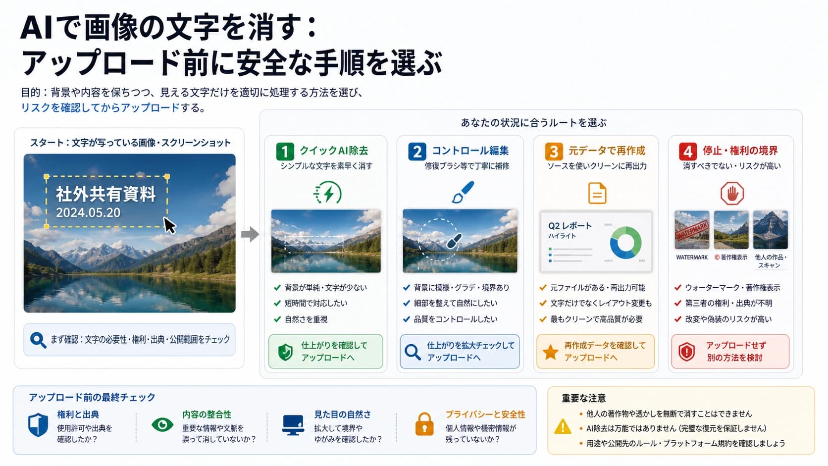 AIで画像の文字を消す:アップロード前に選ぶ安全なルート