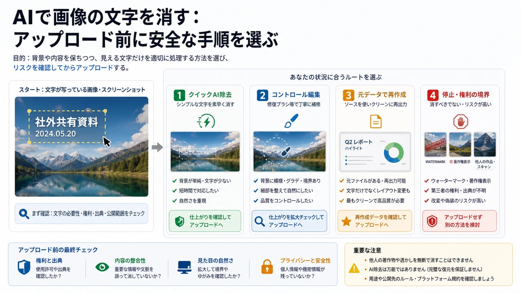 AIで画像の文字を消す前に安全なルートを選ぶ図