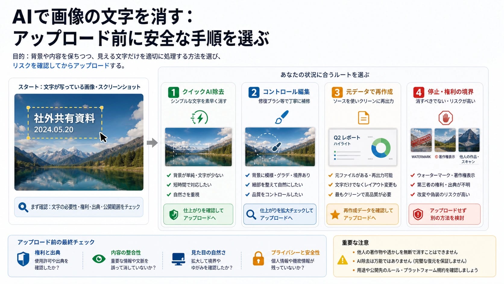 AIで画像の文字を消す前に安全なルートを選ぶ図
