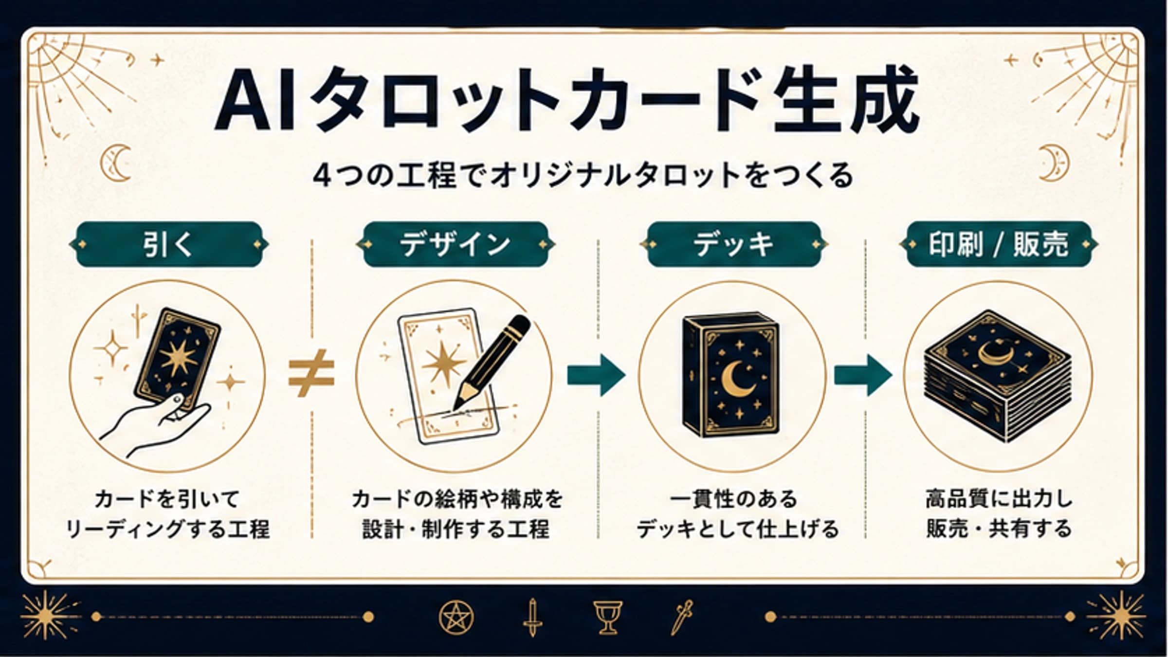 タロット占い、AIカード絵、デッキ制作、印刷販売チェックを分けるルートボード