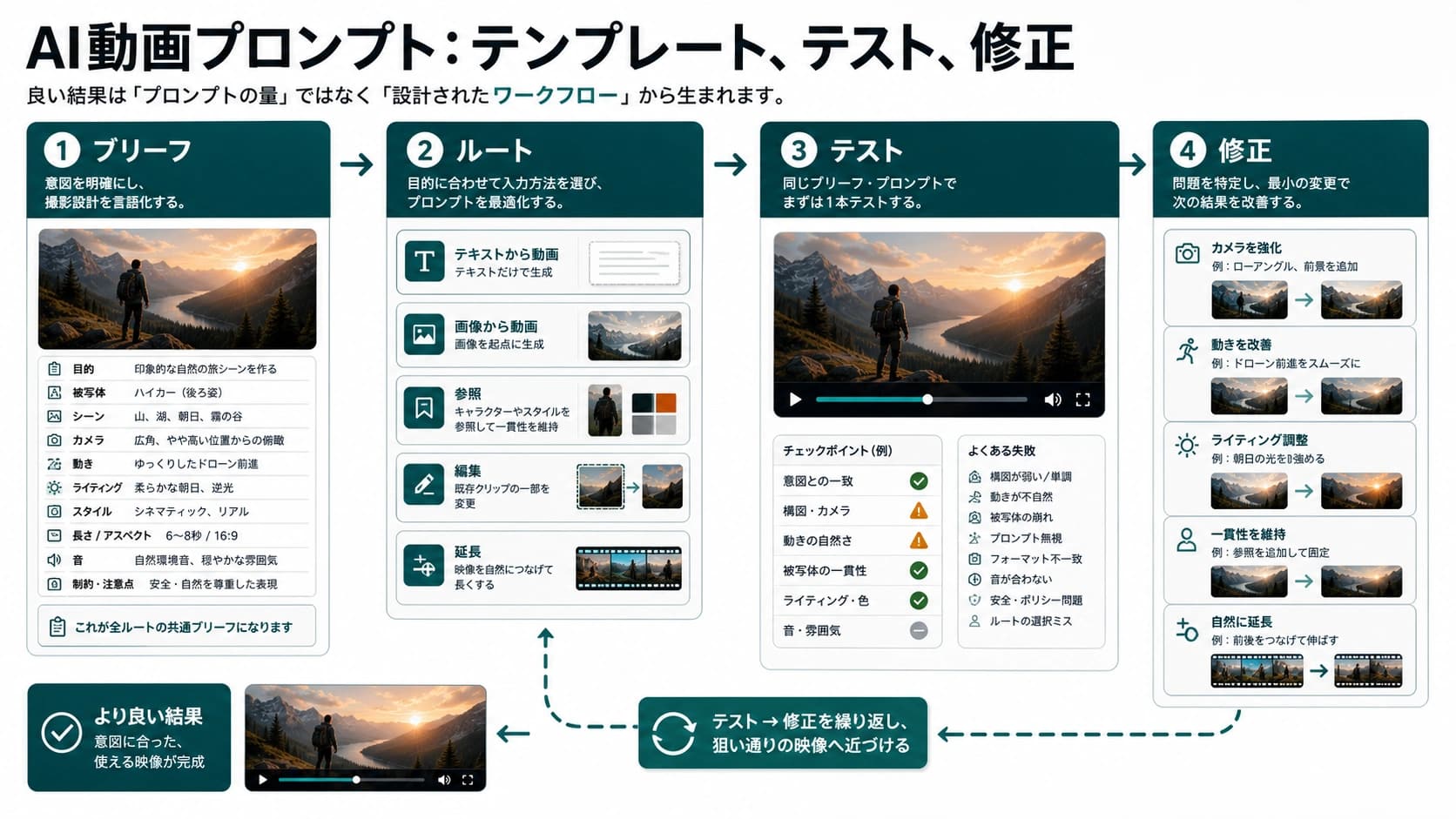 AI動画プロンプトを設計、テスト、修正する流れ