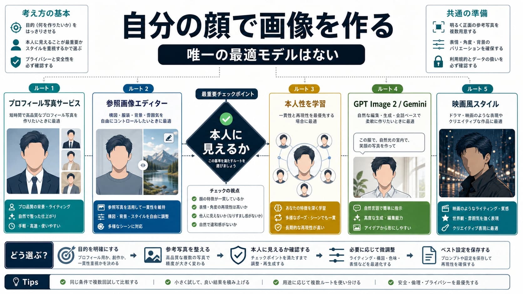 自分の顔でAI写真を作るためのルート選択図。ポートレート、参考画像編集、人物学習、公式API、スタイル重視を分ける